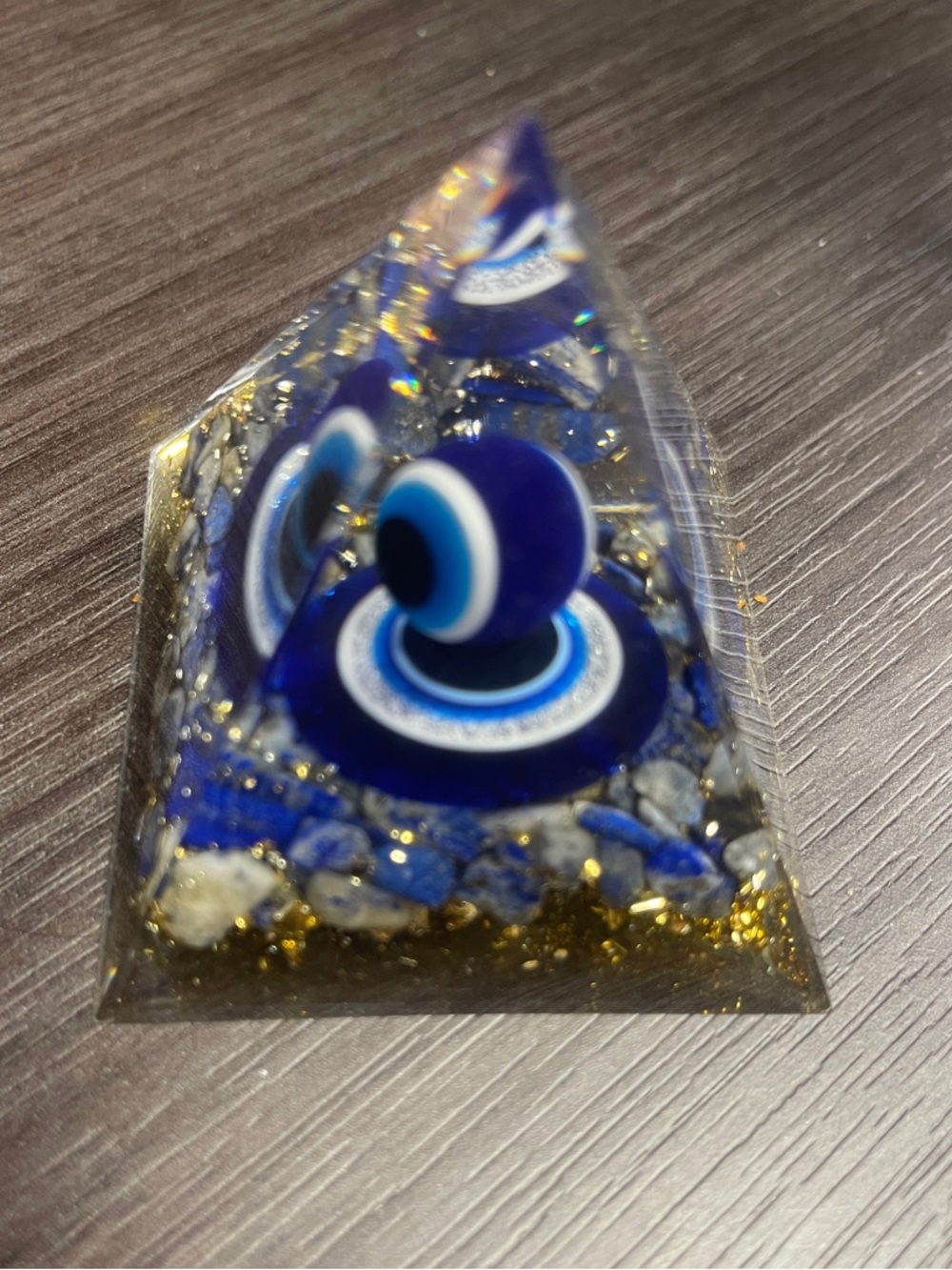 Blue Evil Eye Pyramid Paperweight with Gold Flakes